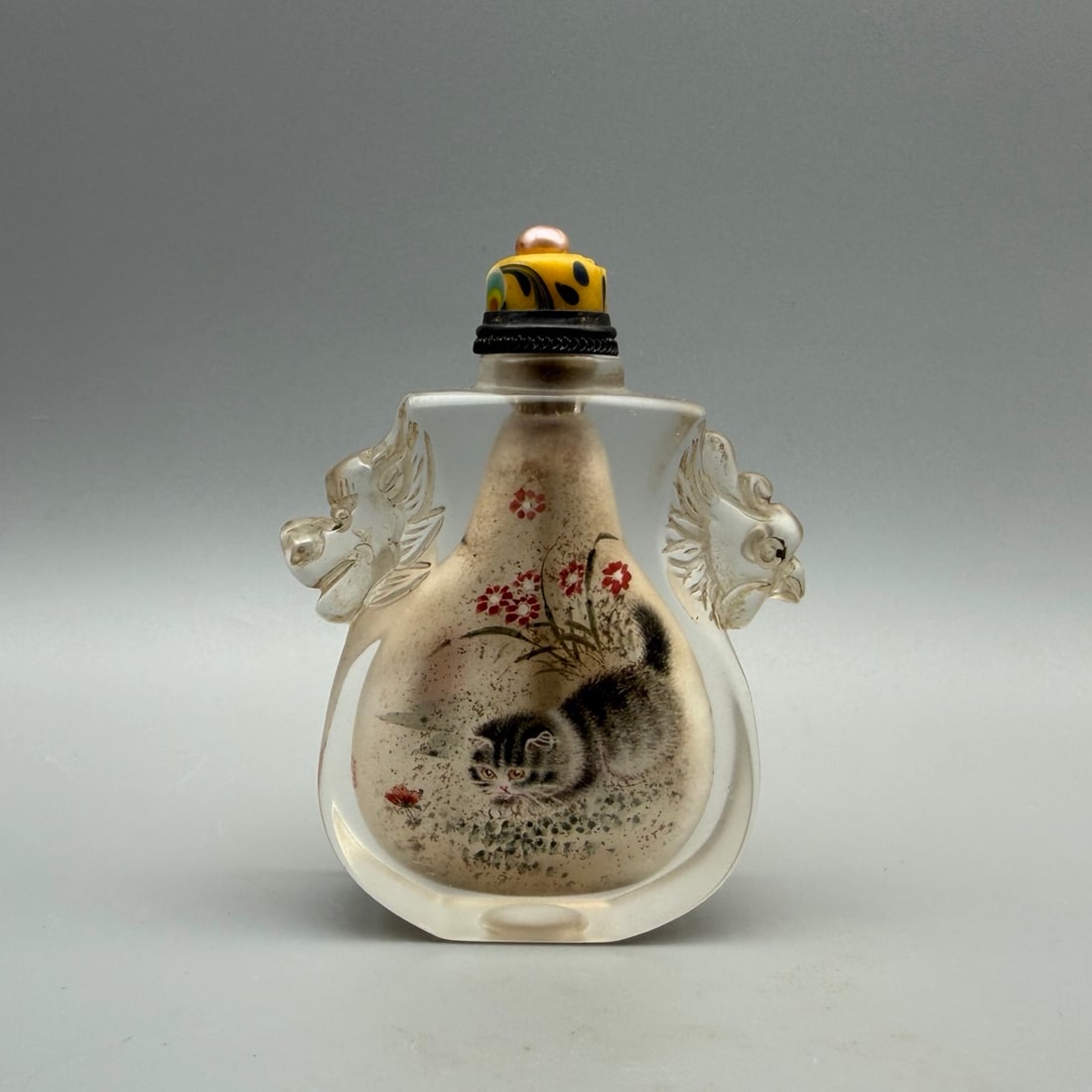 Old Peking Glass Inside Painting Cat Design Snuff Bottle w Stopper (1 of 9)