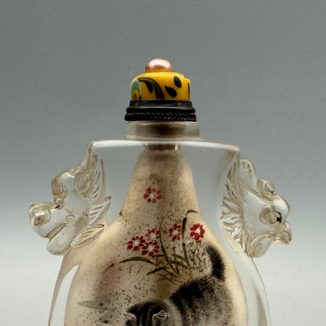 Old Peking Glass Inside Painting Cat Design Snuff Bottle w Stopper - 2