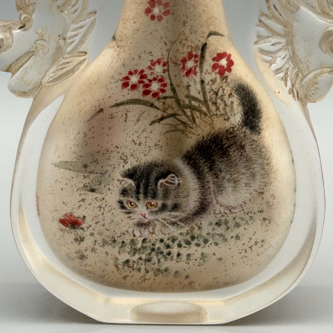 Old Peking Glass Inside Painting Cat Design Snuff Bottle w Stopper - 3