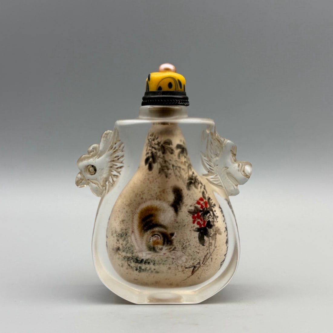 Old Peking Glass Inside Painting Cat Design Snuff Bottle w Stopper - 5