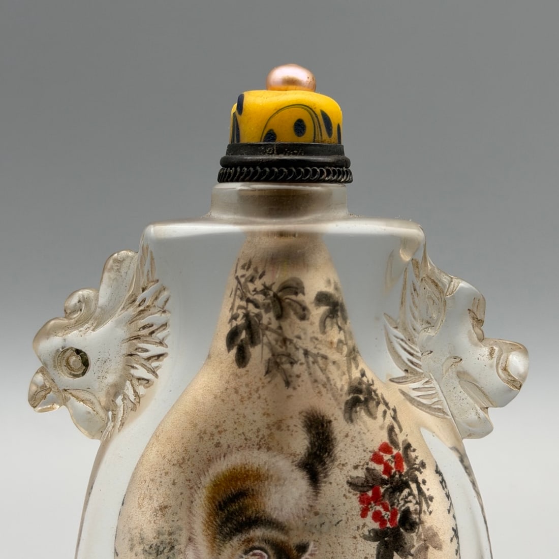 Old Peking Glass Inside Painting Cat Design Snuff Bottle w Stopper - 6