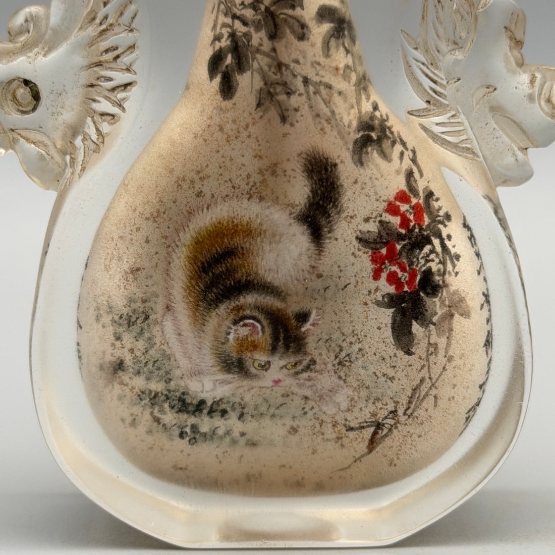 Old Peking Glass Inside Painting Cat Design Snuff Bottle w Stopper - 7