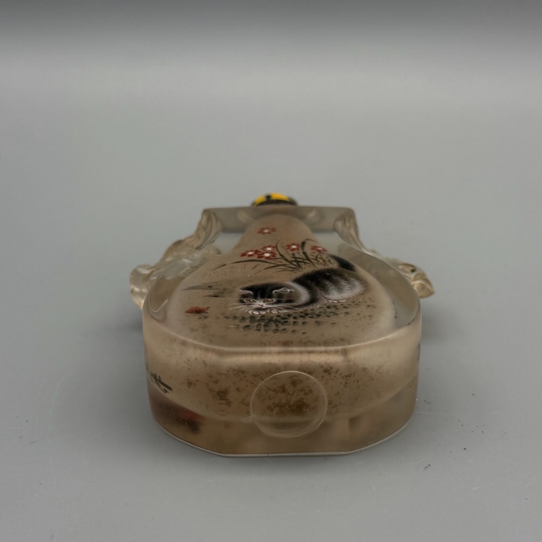 Old Peking Glass Inside Painting Cat Design Snuff Bottle w Stopper - 9