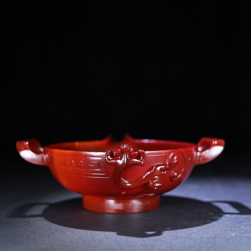 Superb Vintage Red Agate Double Ear Chi Dragon Wine Cup - 2