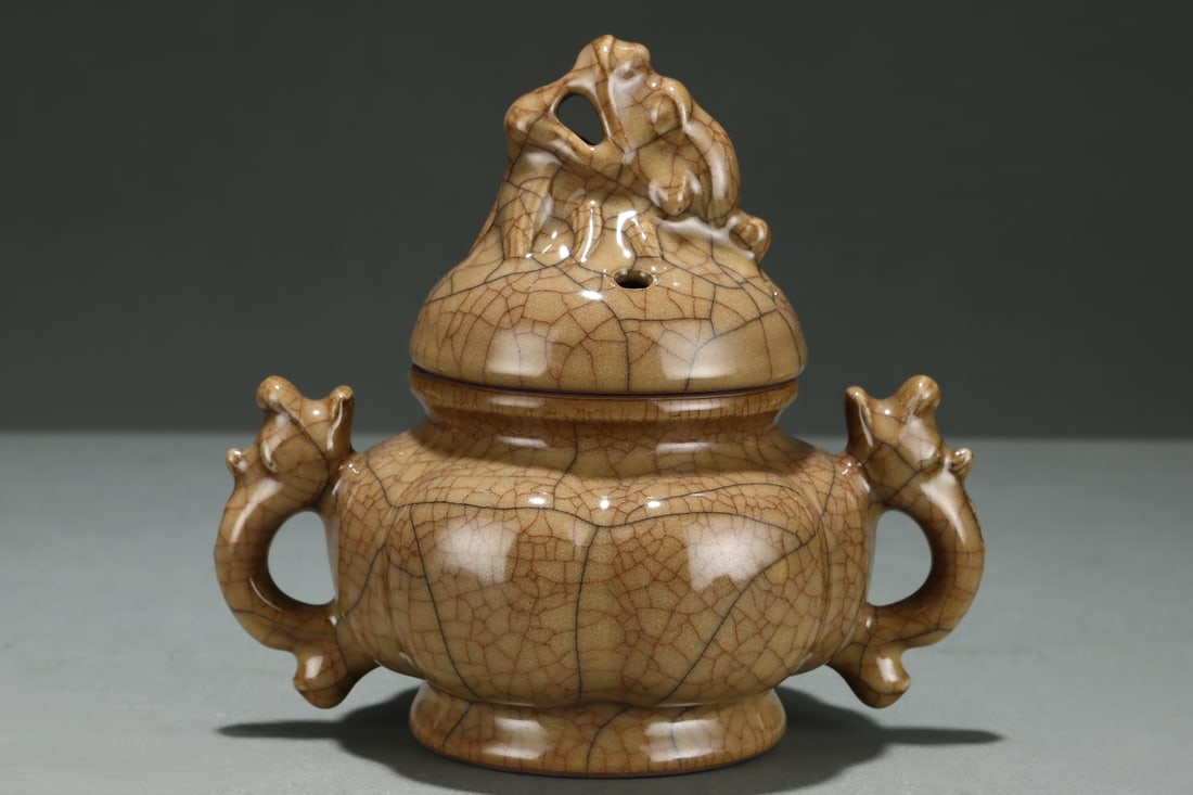 Old Ge Kiln Porcelain Double Ear Incense Burner w Box - 2
