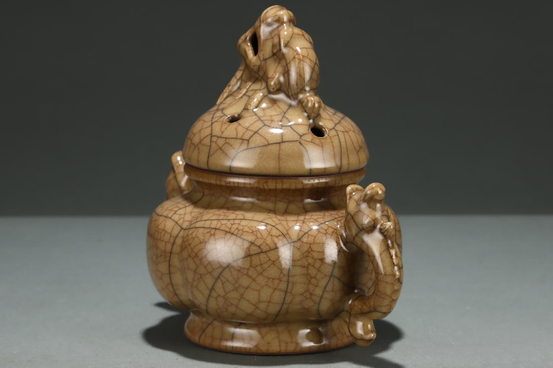 Old Ge Kiln Porcelain Double Ear Incense Burner w Box - 3