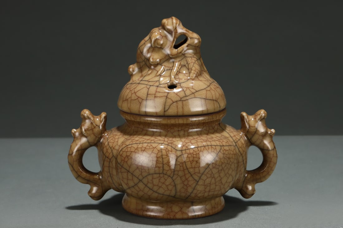 Old Ge Kiln Porcelain Double Ear Incense Burner w Box - 4