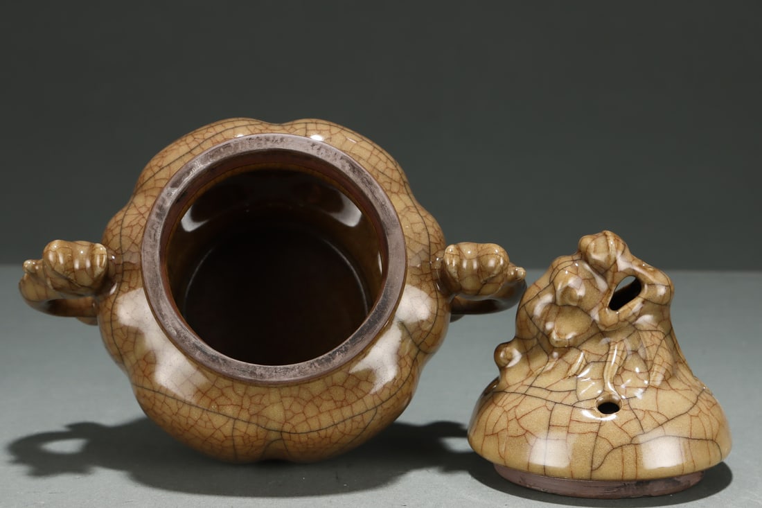 Old Ge Kiln Porcelain Double Ear Incense Burner w Box - 7