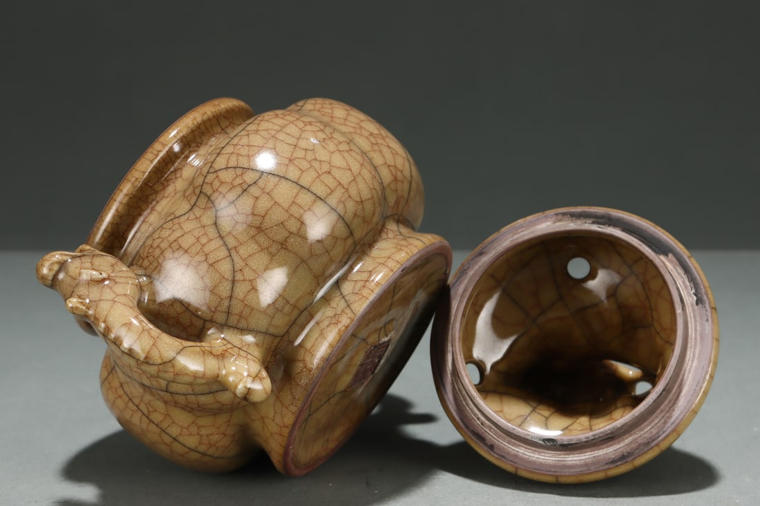 Old Ge Kiln Porcelain Double Ear Incense Burner w Box - 8
