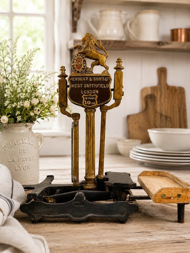 Antique Herbert & Sons Lion Topped 10 lb Scale: Date/Period: Approx early 1900'sDimension: Approx. 22" tall x 23" wide x 10.5" deepMaterial: Cast Iron BrassAdditional Information: The image displays an antique Herbert & Sons "Lion Quick Action Scal