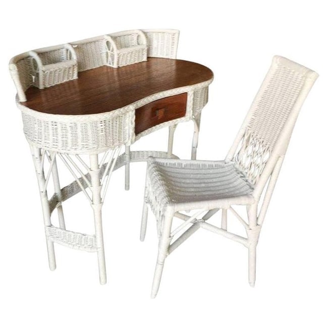 Restored Shabby Chic Wicker & Rattan Secretary Desk with Chair: White shabby chic wicker and rattan secretary desk with matching chair. This late Victorian desk features a mahogany top with rattan legs and wicker sides, a center drawer, and built-in top holders.Ch