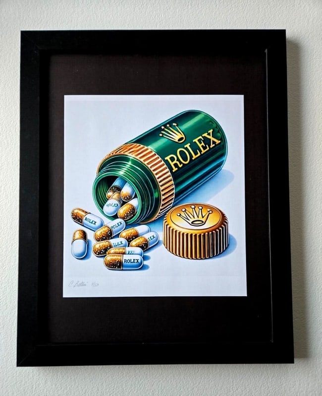 Chiara Bellini + "ROLEX Comfort Pills" Original Hand Signed Print Ltd Ed | COA: ROLEX Comfort Pills by Chiara BelliniSeries: Shopping TherapyArtist: Chiara BelliniTitle: Chanel Comfort PillsEdition: Limited edition of 50Size: 15x12in FramedMedium: Giclée print on high-quality ar