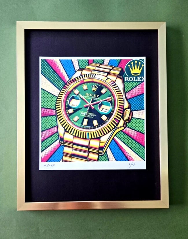 AIDAN FLUX | Hand Signed Original Print Framed LtdEdof69 COA | MY ROLEX FANTASY: This is a Stunning and Scarce100% Authentic New Print byAidan FluxAIDAN Flux represents a new wave of artists who embrace technology as a partner in creation,crafting works that resonate with the comp