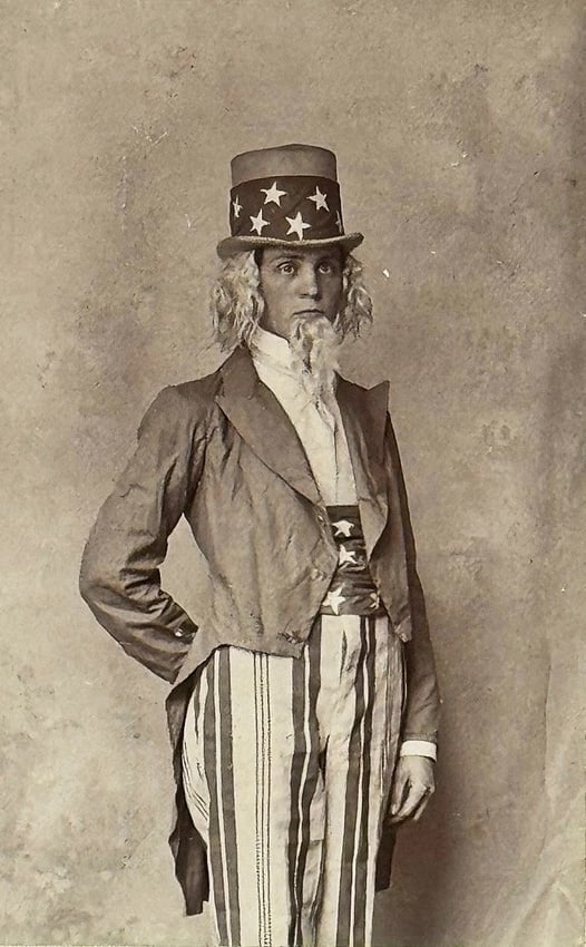 Patriotic Handsome Uncle Sam CDV Striking a Pose Al Mesel, Age 16 Dated 1894: Patriotic CDV featuring a handsome man identified as 'Al Mesel, at 16 Years' & dated 1894, posing as Uncle Sam. On the front of the card is the photographer, Cloud, Seymour, IN. Card measures 5.25" hi
