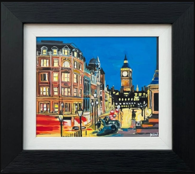 Original Painting of Big Ben From Trafalgar Square in London a Miniature Study by Contemporary Artis: Miniature Original Painting of Big Ben from Trafalgar Square in London, using bold primary colours. A unique original painting study from Contemporary British Artist, Angela Wakefield.Art measures 9 x