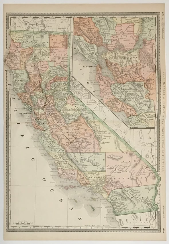 California New Indexed Atlas of the World: Publication Date:1887Title:California New Indexed Atlas of the World,li>Cartographer:RAND, MCNALLY & CO.Publisher:Map with inset of S.F. & Bay area. Quite detailed, esp. of railroads and towns along t