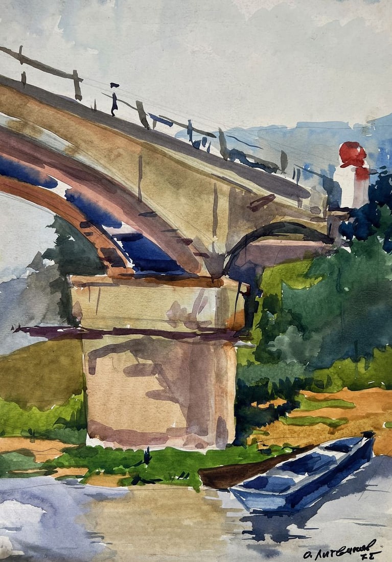 Watercolor painting Bridge over the river Oleg Litvinov (1 of 10)
