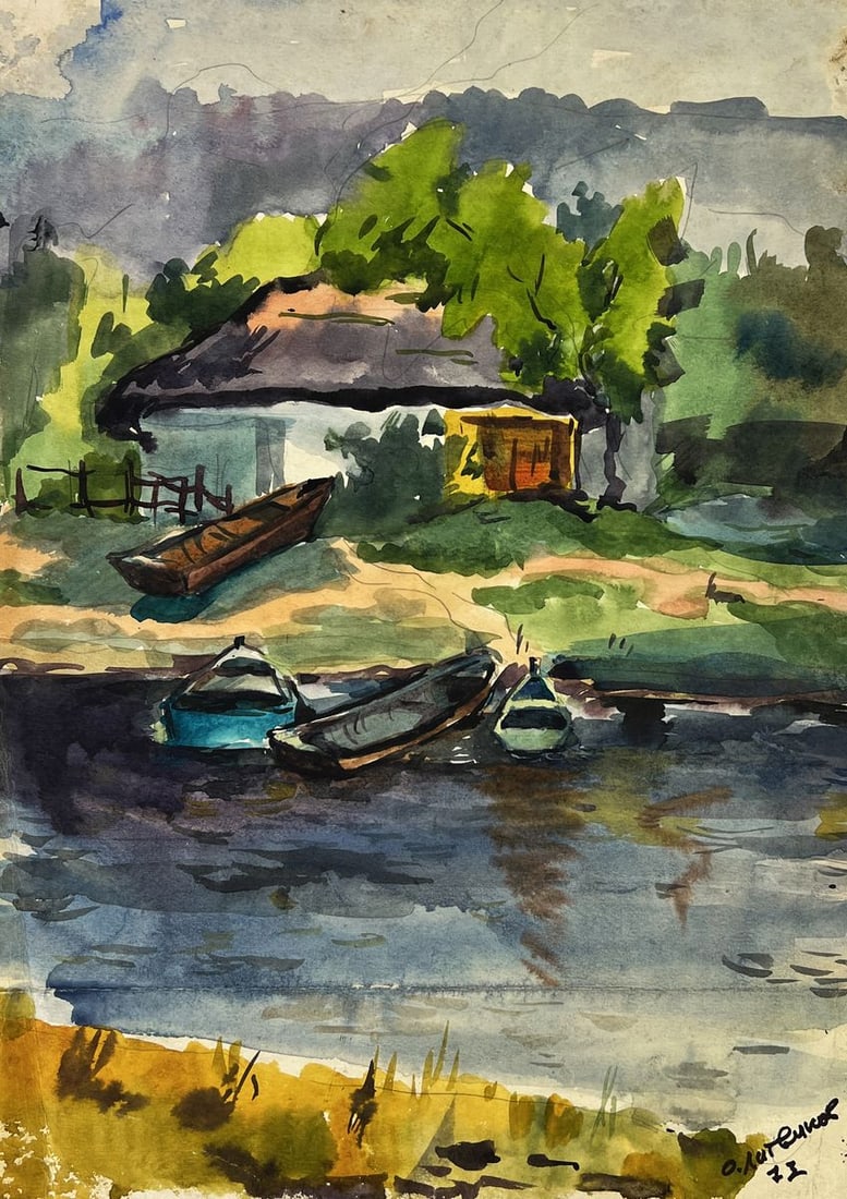 Watercolor painting Boats near the house Oleg Litvinov (1 of 10)