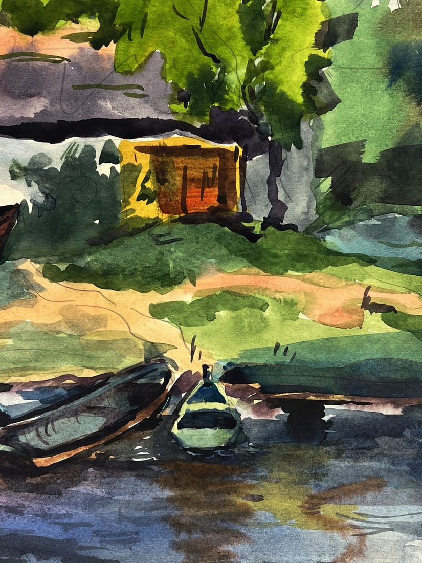 Watercolor painting Boats near the house Oleg Litvinov - 2