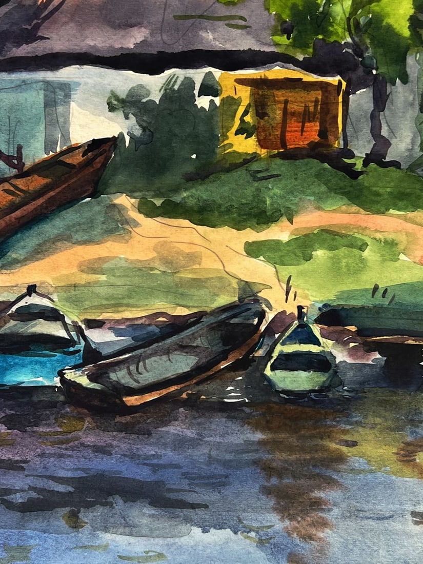 Watercolor painting Boats near the house Oleg Litvinov - 3