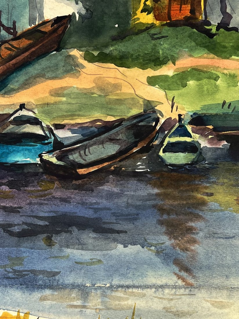 Watercolor painting Boats near the house Oleg Litvinov - 4