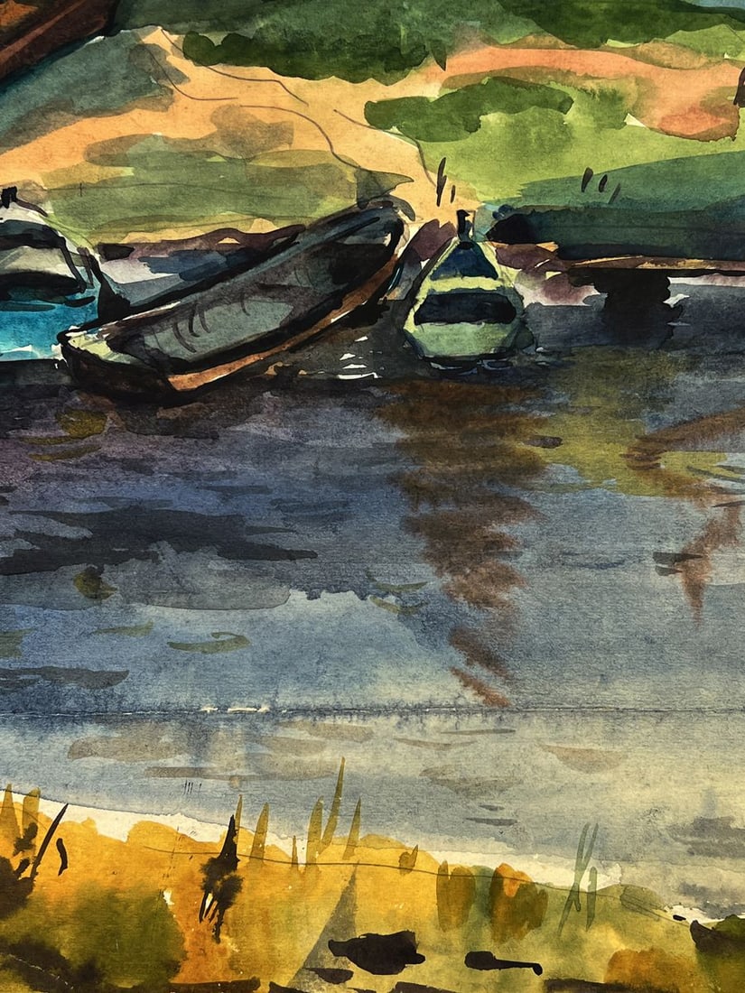 Watercolor painting Boats near the house Oleg Litvinov - 5