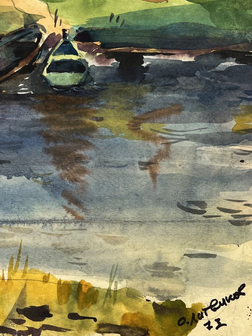 Watercolor painting Boats near the house Oleg Litvinov - 6