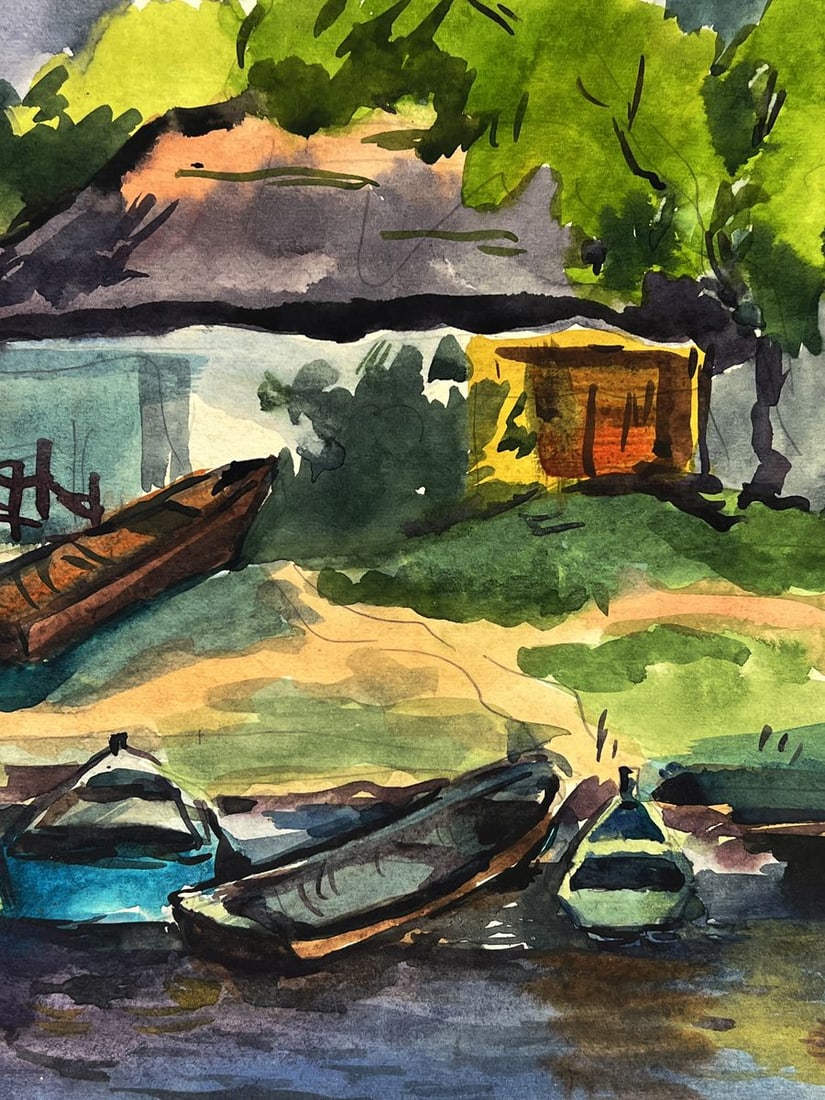 Watercolor painting Boats near the house Oleg Litvinov - 9