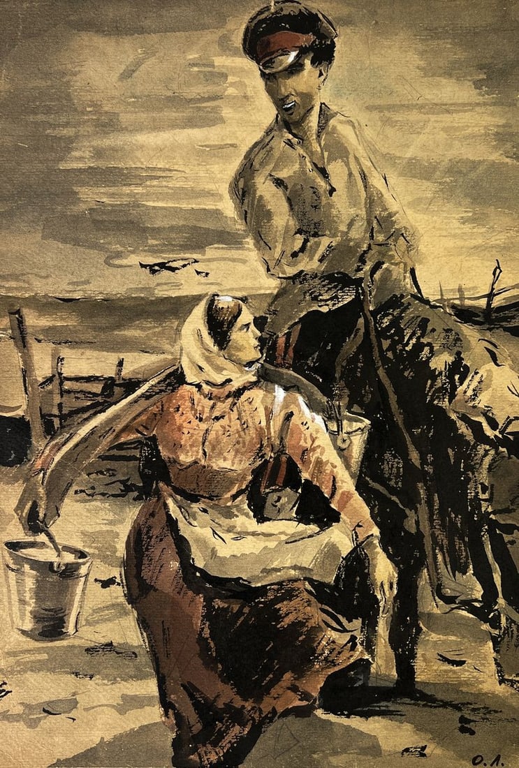Watercolor painting A woman with a military man Oleg Litvinov (1 of 10)