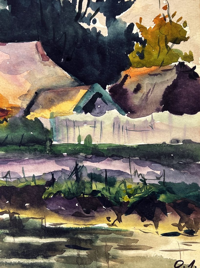 Watercolor painting Village by the river Oleg Litvinov - 2