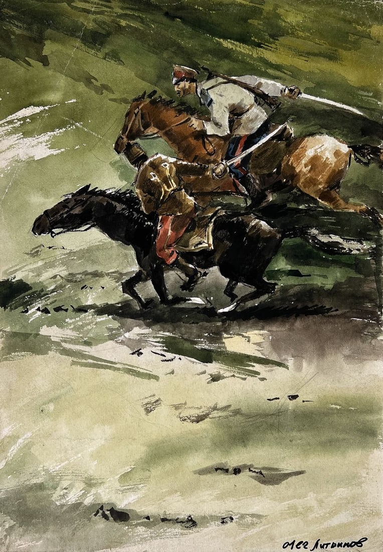 Watercolor painting Warrior on horseback Oleg Litvinov (1 of 10)
