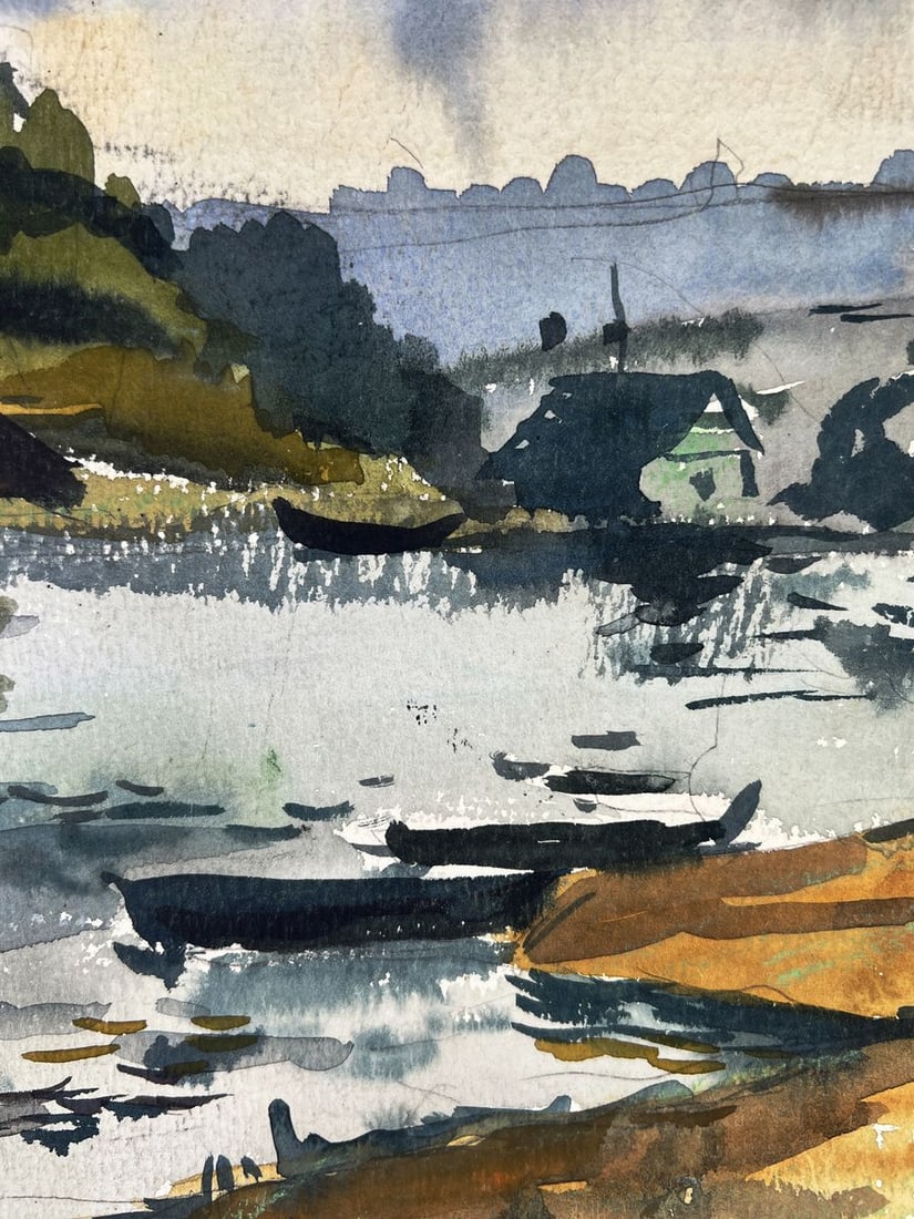 Watercolor painting A river with boats Oleg Litvinov - 4
