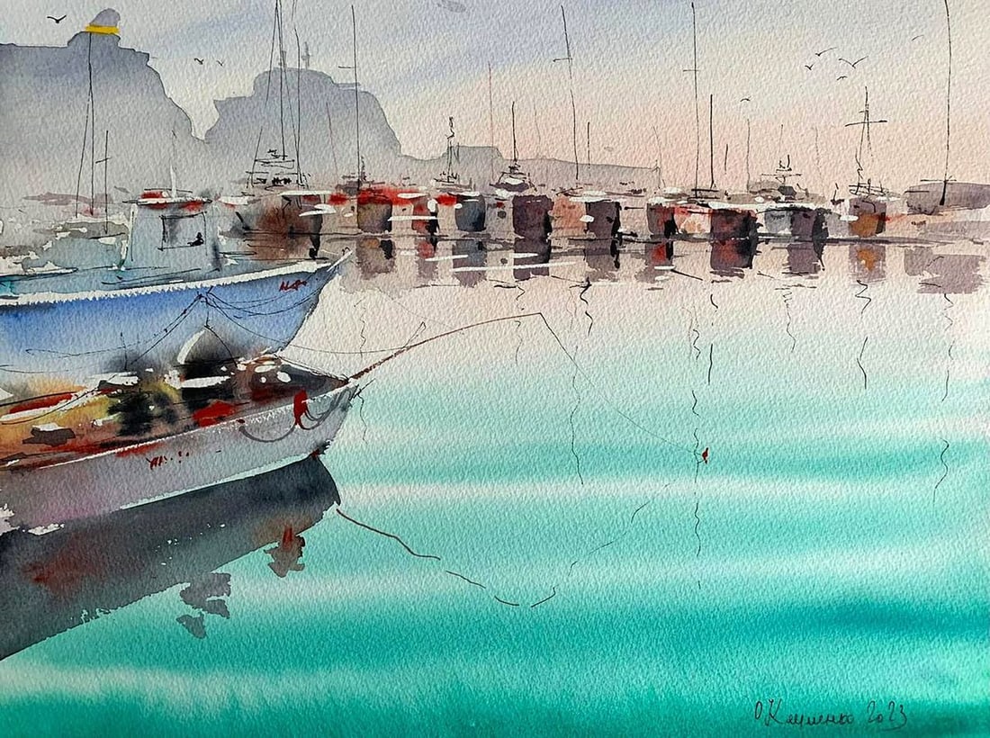 Watercolor painting Dock with Boats Olena Klimenko: Title: Watercolor painting Dock with Boats Olena Klimenko Description: NoKlim 39Watercolor painting Dock with Boats Olena Klimenko is a delicate marine composition filled with silence, light, and the 