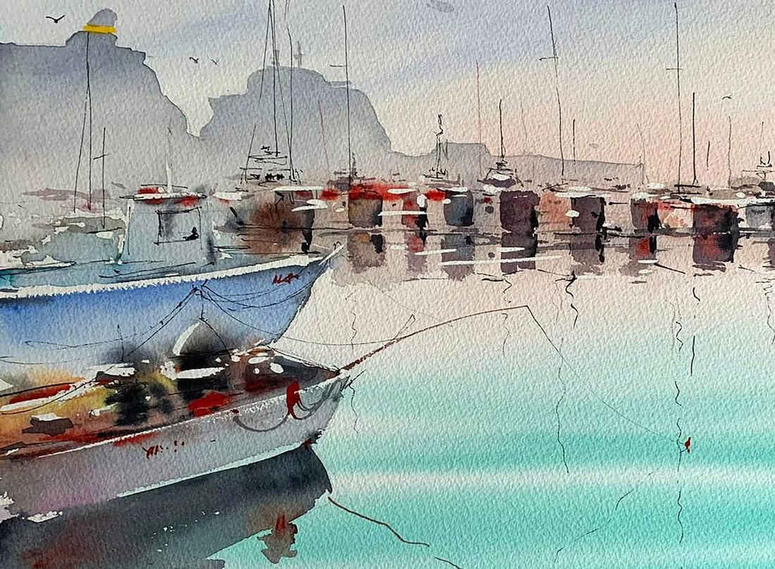 Watercolor painting Dock with Boats Olena Klimenko - 2