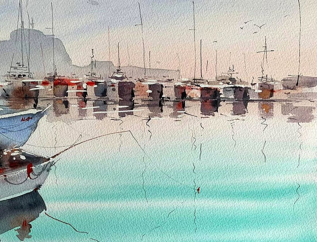 Watercolor painting Dock with Boats Olena Klimenko - 3