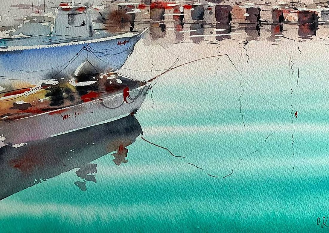 Watercolor painting Dock with Boats Olena Klimenko - 4