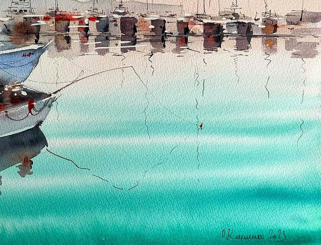 Watercolor painting Dock with Boats Olena Klimenko - 5