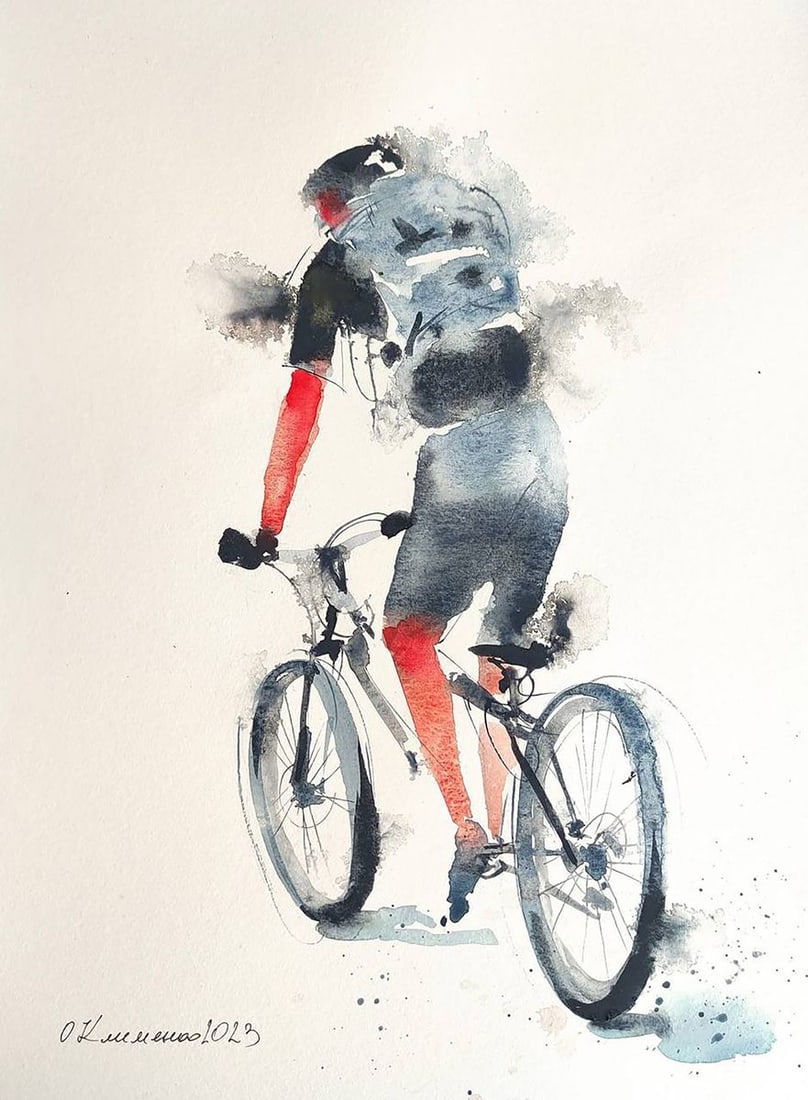 Watercolor painting Cyclist on the Road Olena Klimenko (1 of 6)