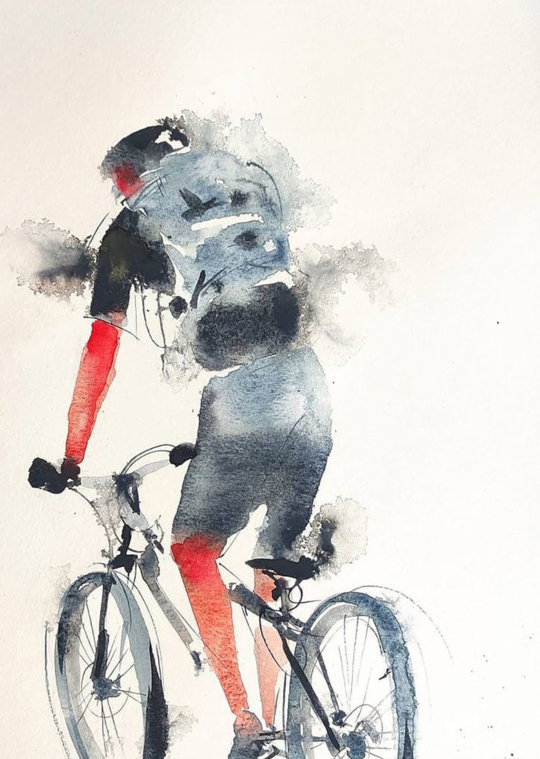 Watercolor painting Cyclist on the Road Olena Klimenko - 3