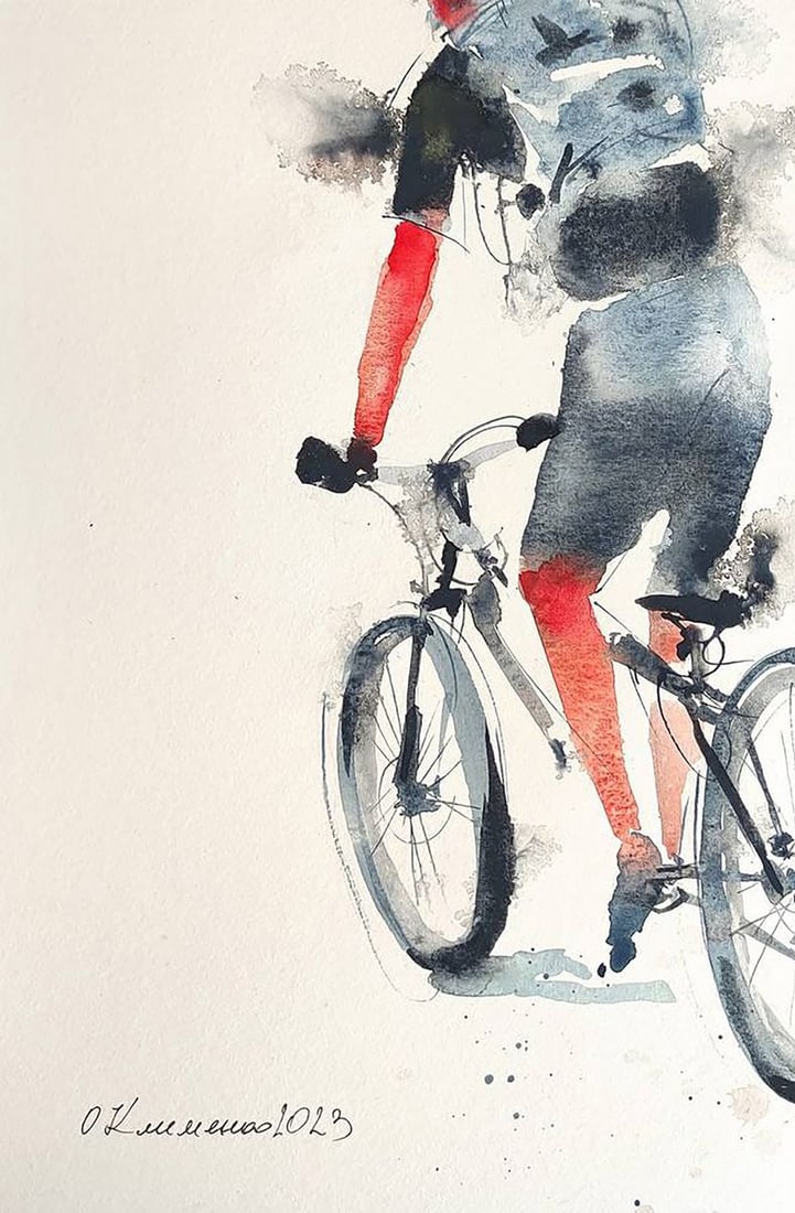 Watercolor painting Cyclist on the Road Olena Klimenko - 4