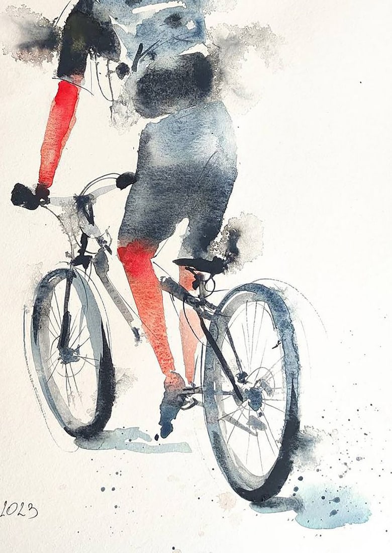 Watercolor painting Cyclist on the Road Olena Klimenko - 5