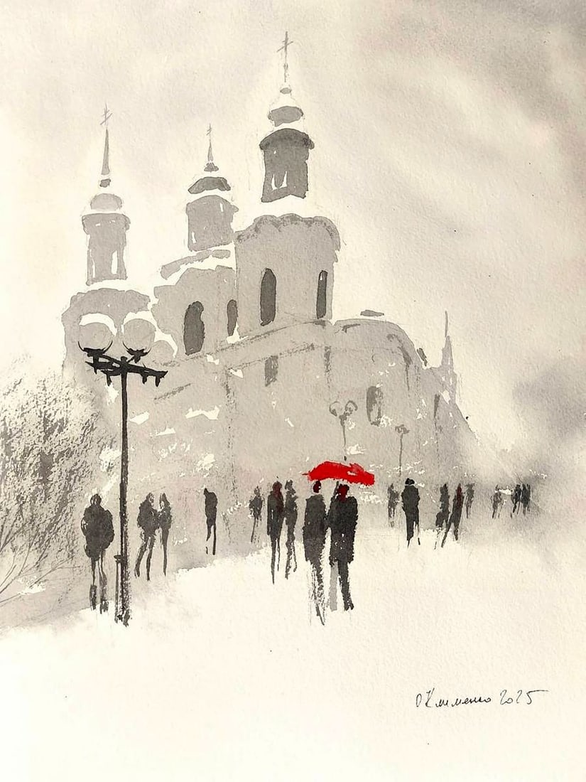 Watercolor painting Winter City Olena Klimenko (1 of 6)