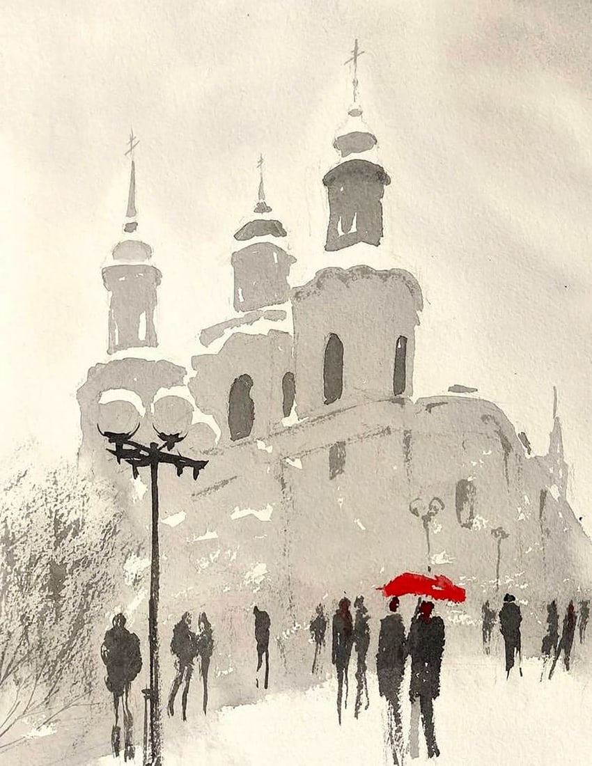 Watercolor painting Winter City Olena Klimenko - 2
