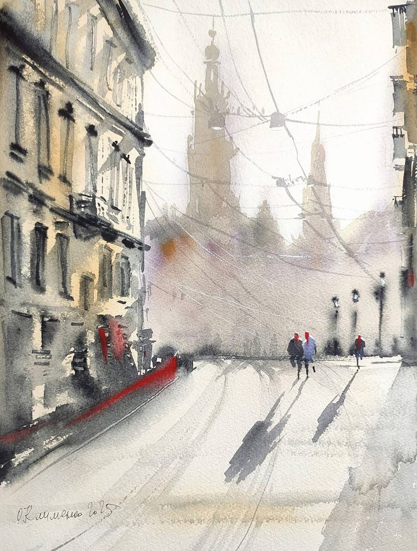 Watercolor painting Winter Morning in the City Olena Klimenko (1 of 6)