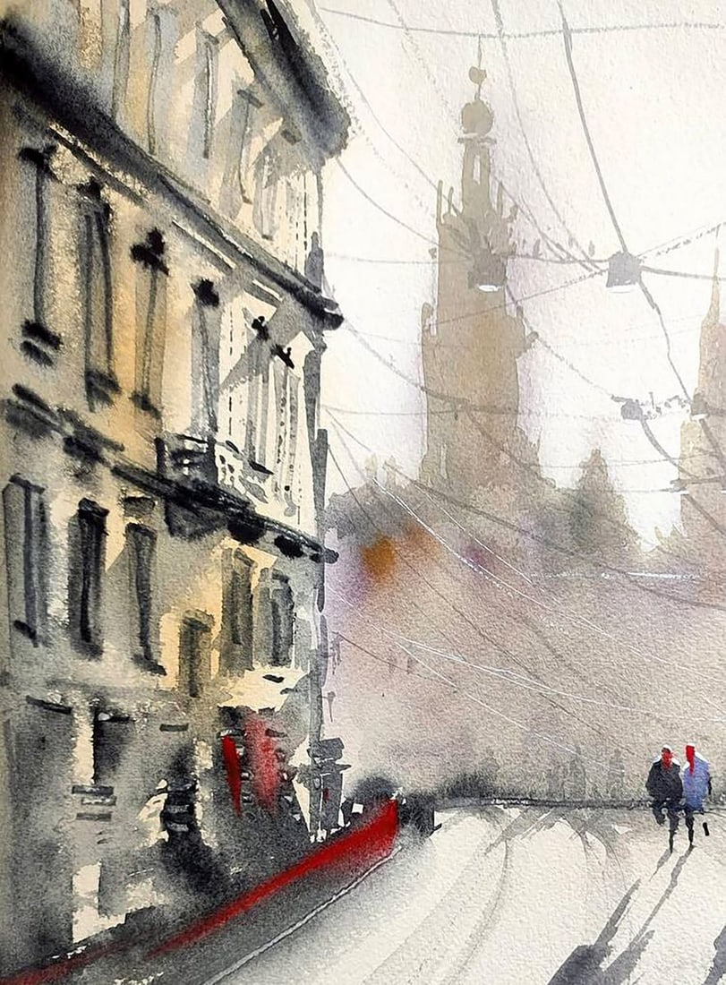 Watercolor painting Winter Morning in the City Olena Klimenko - 2