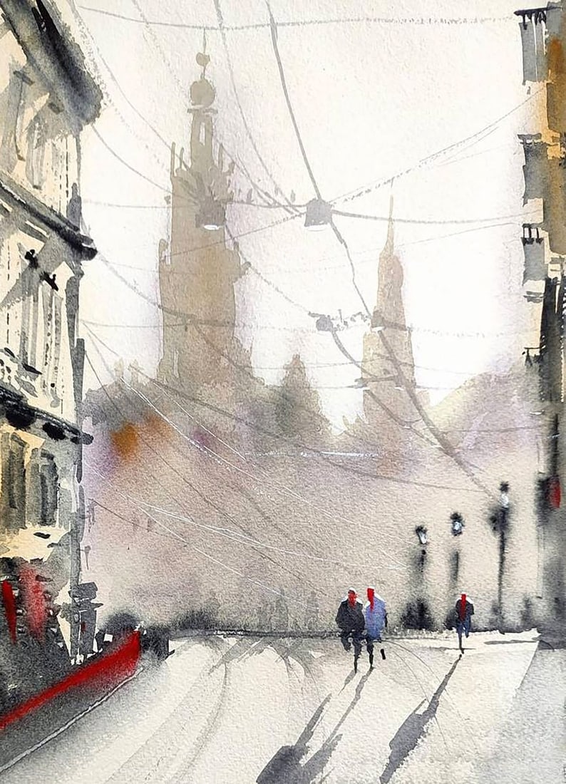 Watercolor painting Winter Morning in the City Olena Klimenko - 3