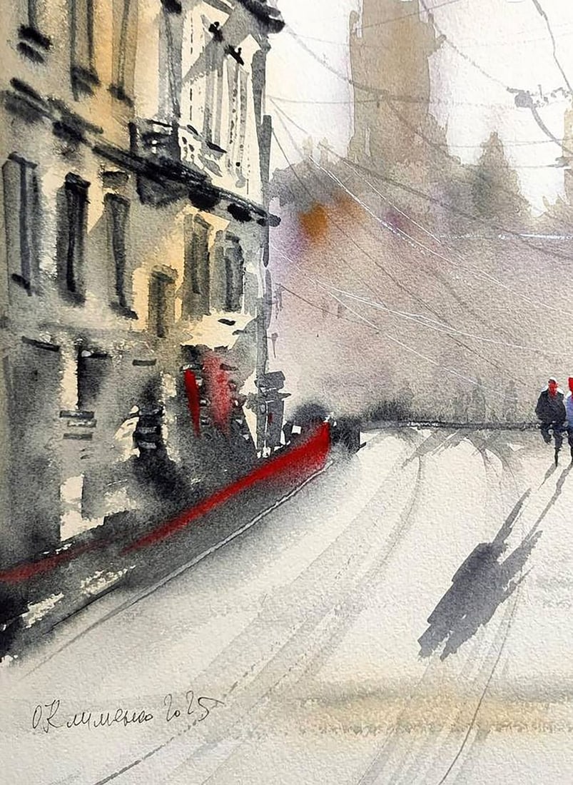 Watercolor painting Winter Morning in the City Olena Klimenko - 4