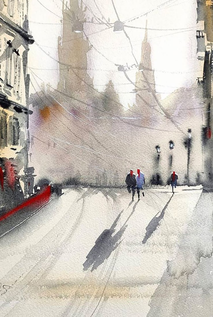 Watercolor painting Winter Morning in the City Olena Klimenko - 5