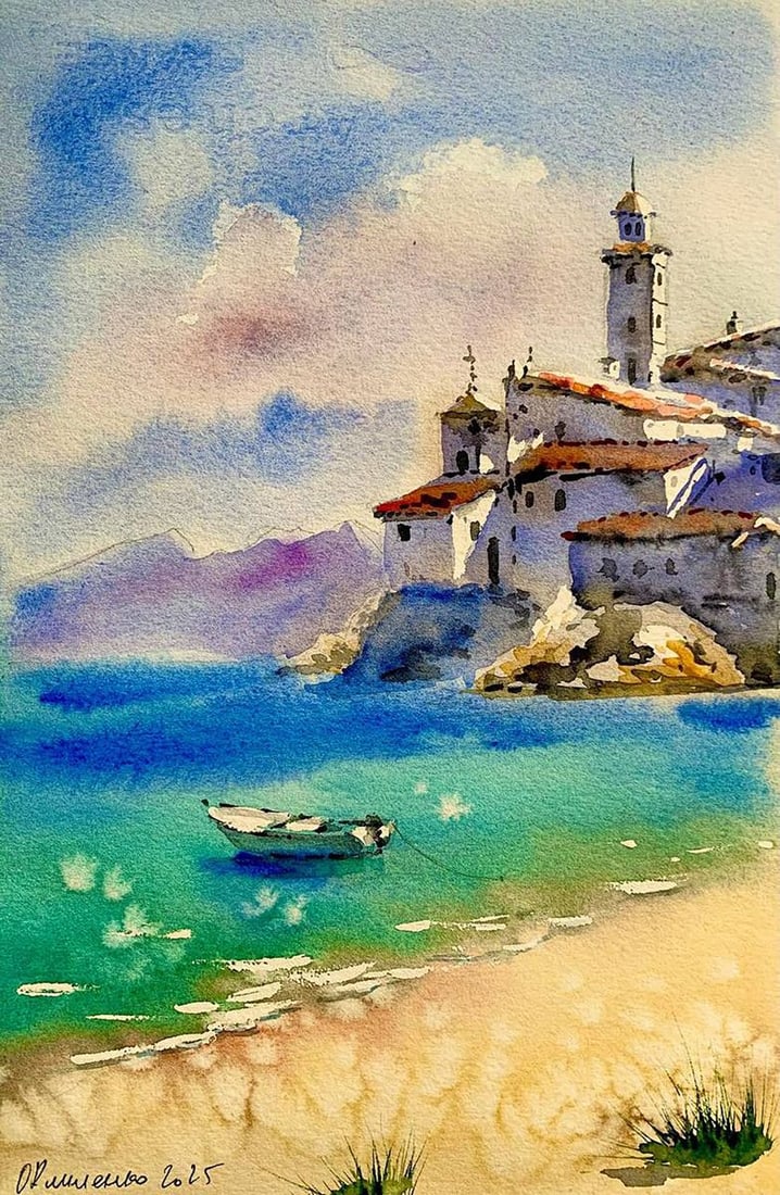 Watercolor painting Stone City on the Shore Olena Klimenko: Title: Watercolor painting Stone City on the Shore Olena Klimenko Description: NoKlim 46Watercolor painting Stone City on the Shore Olena Klimenko is a luminous coastal landscape filled with Mediterra