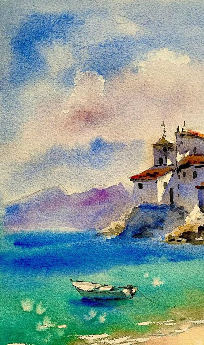 Watercolor painting Stone City on the Shore Olena Klimenko - 2